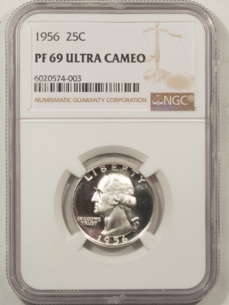 New Certified Coins 1956 PROOF WASHINGTON QUARTER – NGC PF-69 ULTRA CAMEO, BLACK & WHITE FLAWLESS