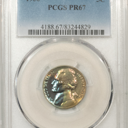 Jefferson Nickels 1956 PROOF JEFFERSON NICKEL – PCGS PR-67, MONSTER COLOR! REALLY COOL!