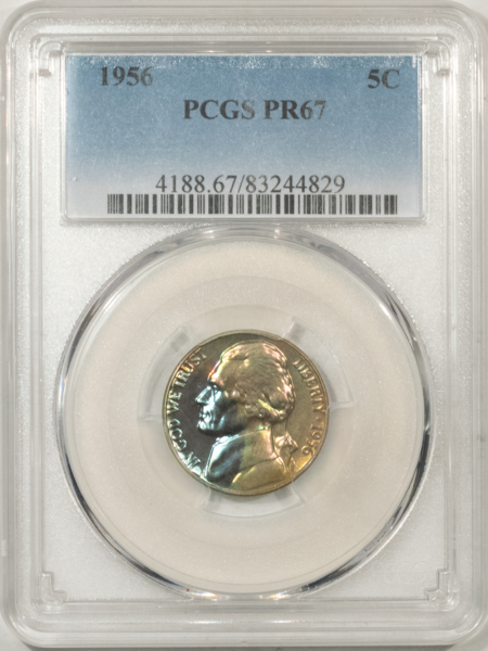 Jefferson Nickels 1956 PROOF JEFFERSON NICKEL – PCGS PR-67, MONSTER COLOR! REALLY COOL!