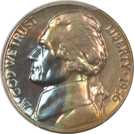 Jefferson Nickels 1956 PROOF JEFFERSON NICKEL – PCGS PR-67, MONSTER COLOR! REALLY COOL!