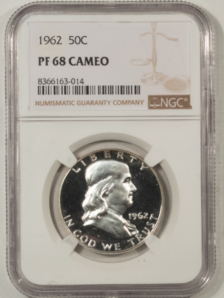 Franklin Halves 1962 PROOF FRANKLIN HALF DOLLAR – NGC PF-68 CAMEO, BLACK AND WHITE!