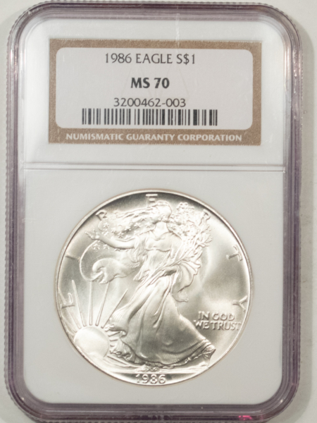 American Silver Eagles 1986 $1 AMERICAN SILVER EAGLE, 1 OZ .999 – NGC MS-70 PERFECT SPOT-FREE! PRISTINE