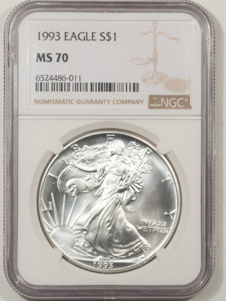 American Silver Eagles 1993 $1 AMERICAN SILVER EAGLE, 1 OZ .999 – NGC MS-70 PERFECT SPOT-FREE, PRISTINE