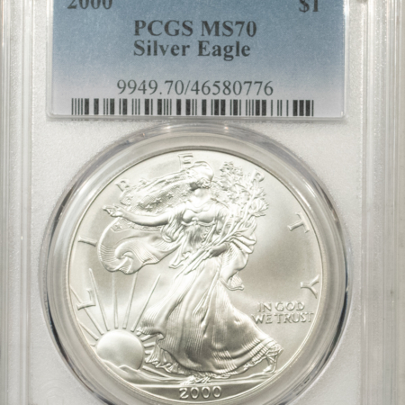 American Silver Eagles 2000 $1 AMERICAN SILVER EAGLE, 1 OZ .999 PCGS MS-70, GREAT LOOK, TINY WHITE SPOT