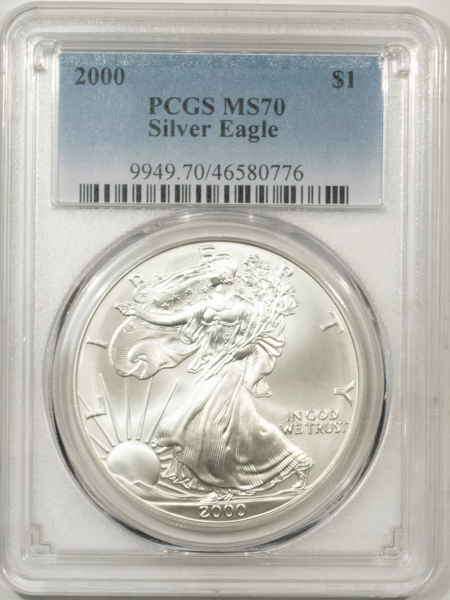 American Silver Eagles 2000 $1 AMERICAN SILVER EAGLE, 1 OZ .999 PCGS MS-70, GREAT LOOK, TINY WHITE SPOT