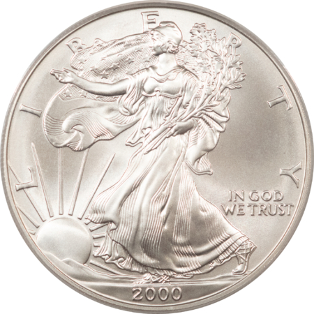 American Silver Eagles 2000 $1 AMERICAN SILVER EAGLE, 1 OZ .999 PCGS MS-70, GREAT LOOK, TINY WHITE SPOT