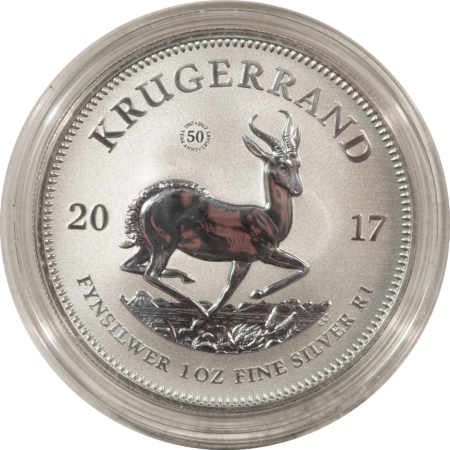 Bullion 2017 SOUTH AFRICA 1 OZ SILVER KRUGERRAND 50TH ANNIVERSARY PRIVY – GEM IN CAPSULE