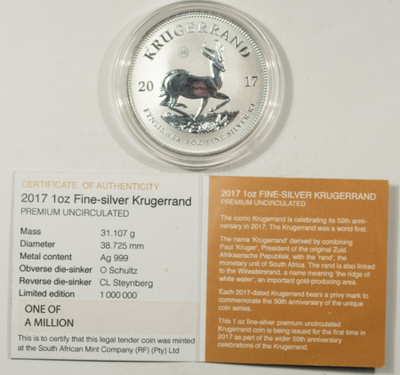 Bullion 2017 SOUTH AFRICA 1 OZ SILVER KRUGERRAND 50TH ANNIVERSARY PRIVY – GEM IN CAPSULE