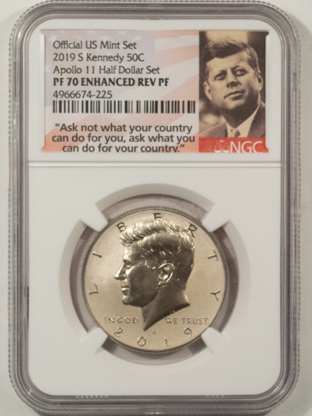 Kennedy Halves 2019-S ENHANCED REVERSE PROOF KENNEDY 50C FROM APOLLO II SET NGC PF-70 JKF LABEL