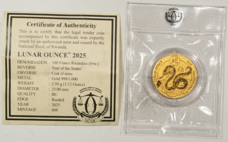 Bullion 2025 RWANDA 1/12 OZ .999 GOLD LUNAR YEAR OF THE SNAKE, 888 MINTAGE – GEM BU, OGP