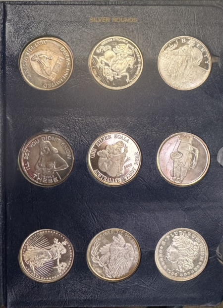 Bullion VINTAGE 1 OZ .999 SILVER ROUNDS (36), 4 PAGE ALBUM, 1980s-2015, BETTER INCLUDED!