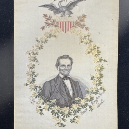 New Store Items 1860 BEARDLESS ABRAHAM LINCOLN FULL COLOR EMBROIDERED INAUGURAL RIBBON-EXCELLENT