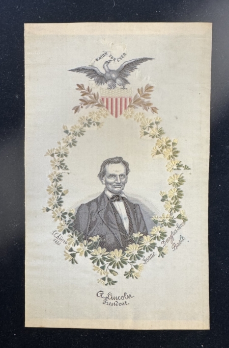 New Store Items 1860 BEARDLESS ABRAHAM LINCOLN FULL COLOR EMBROIDERED INAUGURAL RIBBON-EXCELLENT