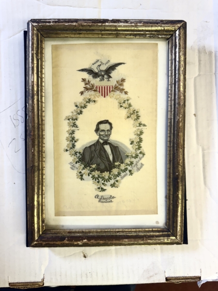 New Store Items 1860 BEARDLESS ABRAHAM LINCOLN FULL COLOR EMBROIDERED INAUGURAL RIBBON-EXCELLENT