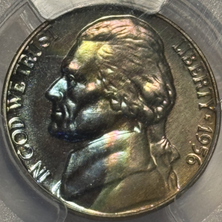 Jefferson Nickels 1956 PROOF JEFFERSON NICKEL – PCGS PR-67, MONSTER COLOR! REALLY COOL!