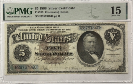 Large Silver Certificates 1886 $5 SILVER CERTIFICATE SILVER DOLLAR BACK FR#263 PMG F-15 MINOR RESTORATION