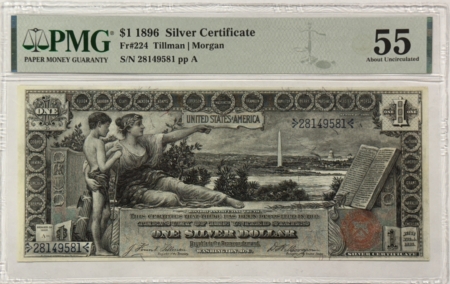 Large Silver Certificates 1896 $1 SILVER CERTIFICATE EDUCATIONAL FR#224 PMG AU55 CLOSED PINHOLES, BUT NICE