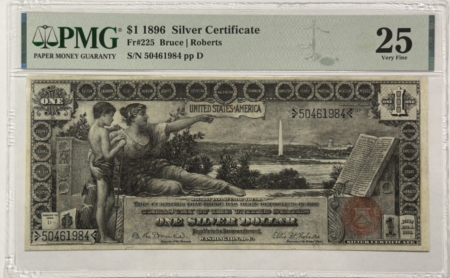 Large Silver Certificates 1896 $1 SILVER CERTIFICATE EDUCATIONAL FR#225 PMG VF25 MINOR REPAIRS, GREAT LOOK