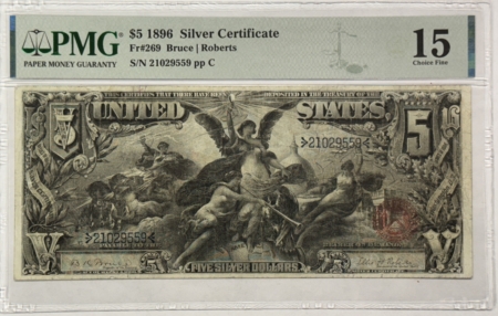 Large Silver Certificates 1896 $5 SILVER CERTIFICATE EDUCATIONAL FR#269 PMG F15, RESTORATION, VF20+ LOOK