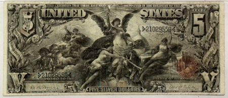 Large Silver Certificates 1896 $5 SILVER CERTIFICATE EDUCATIONAL FR#269 PMG F15, RESTORATION, VF20+ LOOK