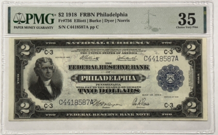 Large Federal Reserve Notes 1918 $2 FEDERAL RESERVE BANKNOTE, BATTLESHIP C3 PHILLY, FR#756 PMG VF35 LOOKS AU