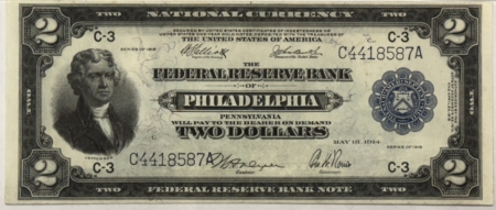 Large Federal Reserve Notes 1918 $2 FEDERAL RESERVE BANKNOTE, BATTLESHIP C3 PHILLY, FR#756 PMG VF35 LOOKS AU