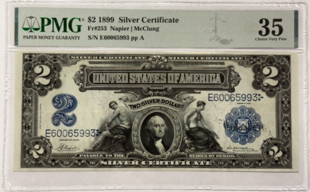 Large Silver Certificates 1899 $2 SILVER CERTIFICATE WASHINGTON FR#253 PMG VF-35 BRIGHT PAPER LOOKS BETTER