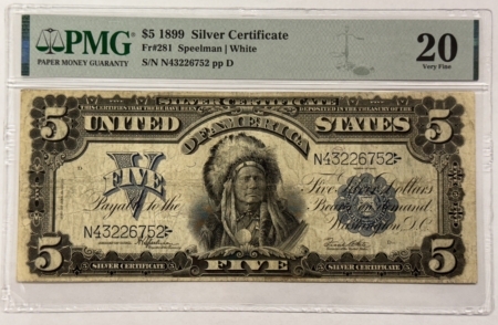 Large Silver Certificates 1899 $5 SILVER CERTIFICATE, INDIAN CHIEF, FR#281 PMG VERY FINE 20, NICE ORIGINAL