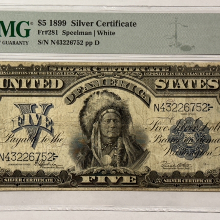 Large Silver Certificates 1899 $5 SILVER CERTIFICATE, INDIAN CHIEF, FR#281 PMG VERY FINE 20, NICE ORIGINAL