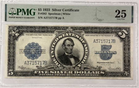 Large Silver Certificates 1923 $5 SILVER CERTIFICATE, LINCOLN PORTHOLE, FR#282 PMG VF-25 MINOR RESTORATION