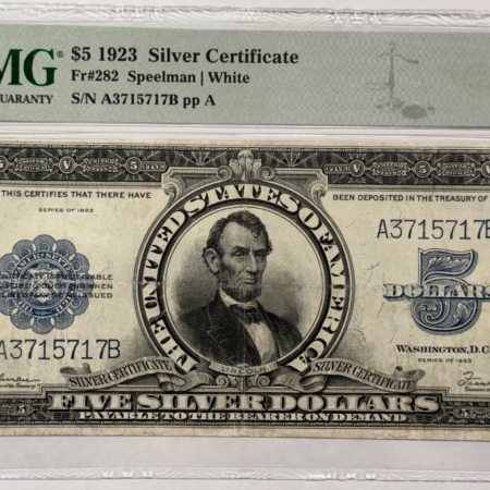 Large Silver Certificates 1923 $5 SILVER CERTIFICATE, LINCOLN PORTHOLE, FR#282 PMG VF-25 MINOR RESTORATION