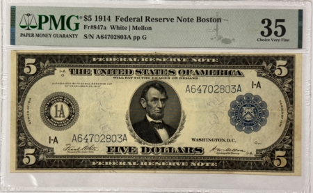 Large Federal Reserve Notes 1914 $5 FEDERAL RESERVE NOTE, BOSTON, FR#847a PMG CHOICE VF-35, SCARCE FRIEDBERG