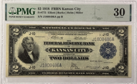 Large Federal Reserve Notes 1918 $2 FEDERAL RESERVE BANKNOTE BATTLESHIP, KANSAS CITY FR#775 – PMG VF30 NICE!