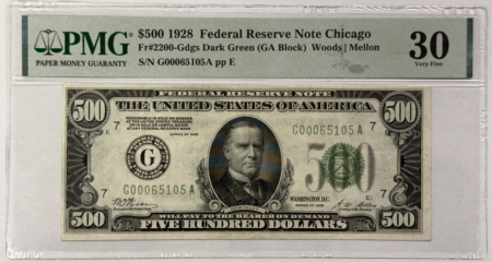 New Store Items 1928 $500 FEDERAL RESERVE NOTE, G-CHICAGO, FR#2200, DARK GREEN, PMG VF-30, TOUGH