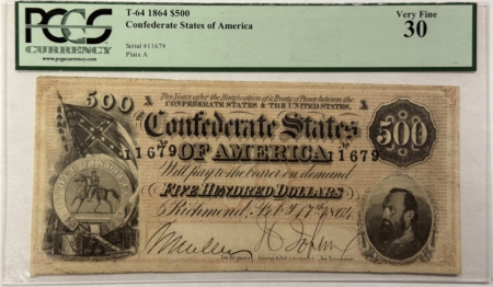 Confederate Notes 1864 $500 CONFEDERATE STATES OF AMERICA NOTE, T-64, STONEWALL JACKSON PCGS VF-30