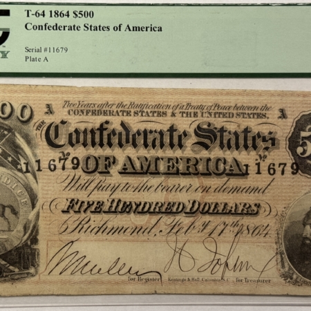 Confederate Notes 1864 $500 CONFEDERATE STATES OF AMERICA NOTE, T-64, STONEWALL JACKSON PCGS VF-30