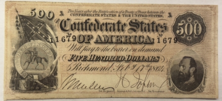 Confederate Notes 1864 $500 CONFEDERATE STATES OF AMERICA NOTE, T-64, STONEWALL JACKSON PCGS VF-30