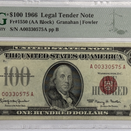 Legal Tender 1966 $100 U.S. LEGAL TENDER NOTE, RED SEAL, FR#1550 (AA BLOCK) – PMG EF 40 EPQ