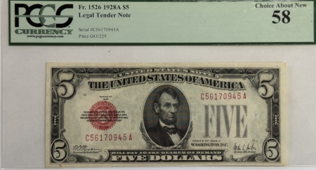 Legal Tender 1928A $5 US LEGAL TENDER NOTE, RED SEAL, FR#1526 – PCGS CHOICE ABOUT NEW 58!