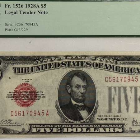 Legal Tender 1928A $5 US LEGAL TENDER NOTE, RED SEAL, FR#1526 – PCGS CHOICE ABOUT NEW 58!