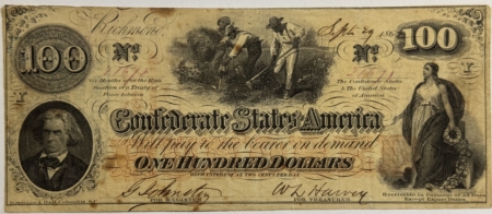 Confederate Notes 1862 CONFEDERATE STATES AMERICA $100 NOTE, TY-41 – NICE ORIGINAL VERY FINE!