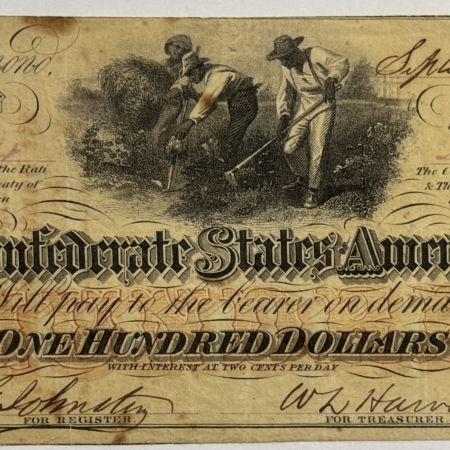 Confederate Notes 1862 CONFEDERATE STATES AMERICA $100 NOTE, TY-41 – NICE ORIGINAL VERY FINE!