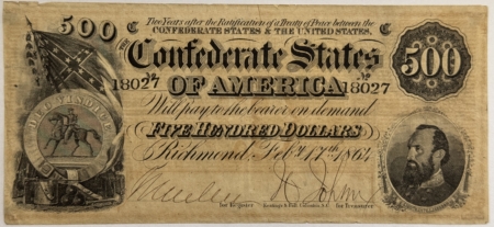 Confederate Notes 1864 CONFEDERATE STATES OF AMERICA $500 TY-64 – NICE BOLD VF, REV MOUNTING SPOTS