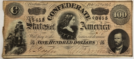 Confederate Notes 1864 CONFEDERATE STATES OF AMERICA $100 NOTE LUCY PICKENS TY-65 DECENT MID-GRADE