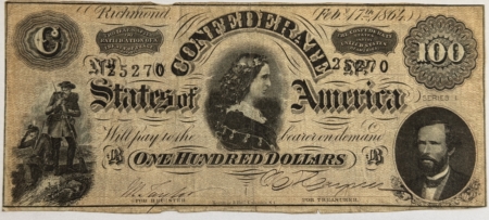 Confederate Notes 1864 CONFEDERATE STATES OF AMERICA $100, LUCY PICKENS, TY-65 – DECENT MID-GRADE!