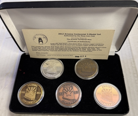 Exonumia 2012 ARIZONA CENTENNIAL 5 MEDAL SET MESA COIN CLUB W/ SILVER MEDAL #32/125 PROOF