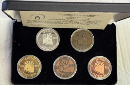 Exonumia 2012 ARIZONA CENTENNIAL 5 MEDAL SET MESA COIN CLUB W/ SILVER MEDAL #32/125 PROOF