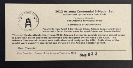 Exonumia 2012 ARIZONA CENTENNIAL 5 MEDAL SET MESA COIN CLUB W/ SILVER MEDAL #32/125 PROOF