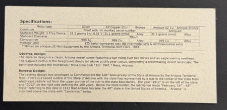 Exonumia 2012 ARIZONA CENTENNIAL 5 MEDAL SET MESA COIN CLUB W/ SILVER MEDAL #32/125 PROOF