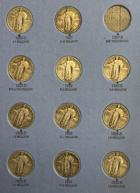 New Store Items 1925-1930-S 14 COIN STANDING LIBERTY QUARTERS PARTIAL SET, NO 27-S, WHOLESOME!